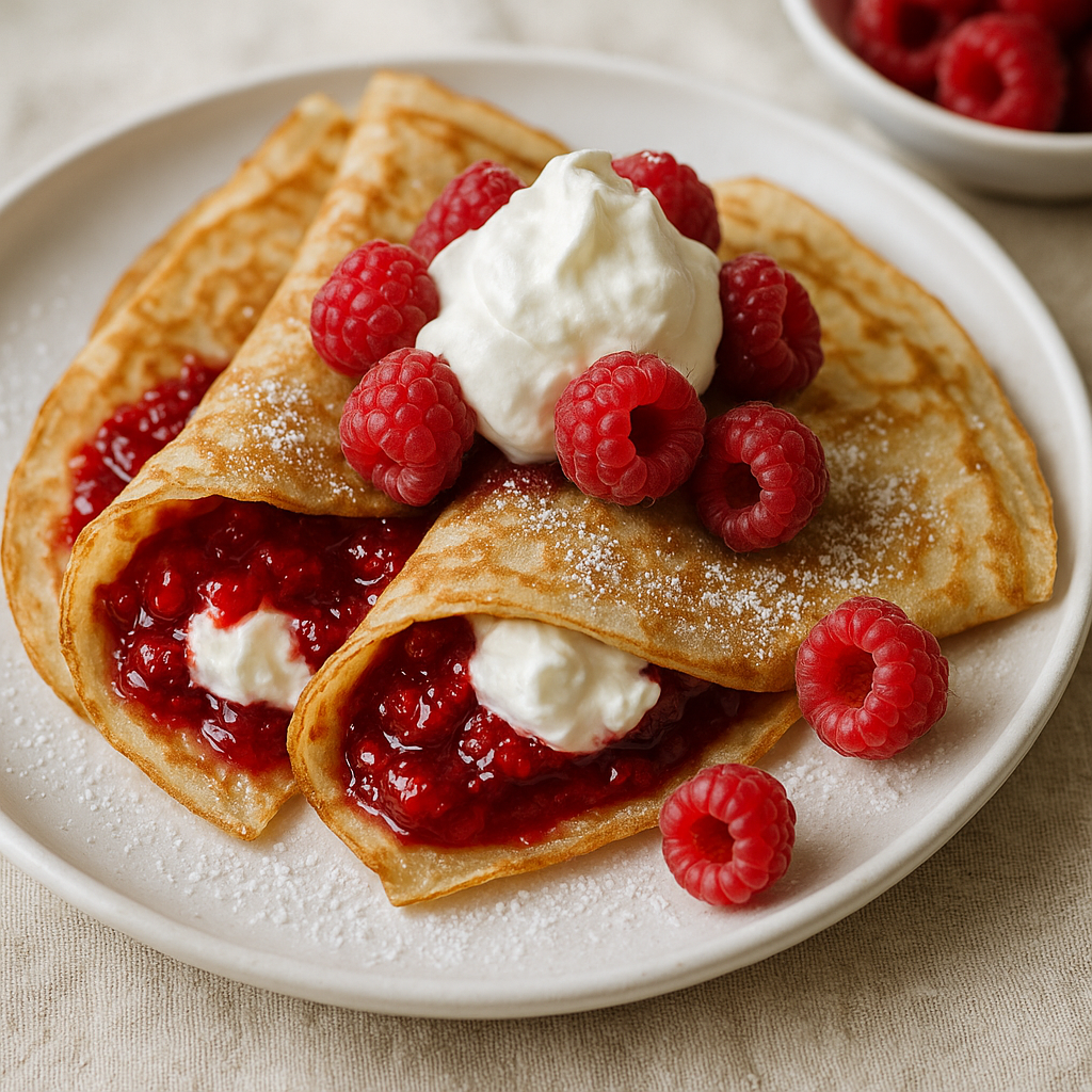 Image de Crêpes légères à la framboise et crème fouettée
