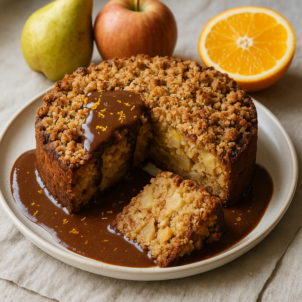 Image de Gâteau moelleux pomme-poire, crumble noix-coco et sauce chocolat à l'orange