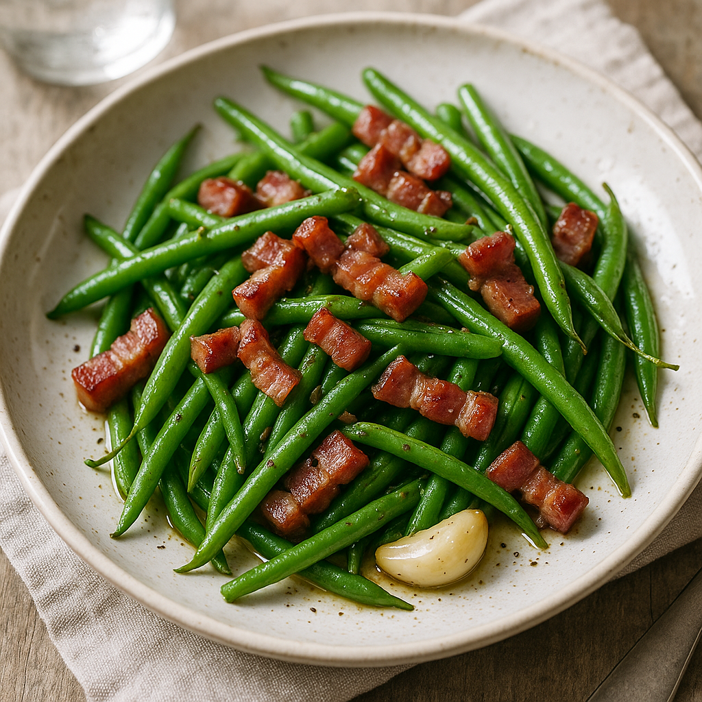 Image de Salade tiède de haricots verts au lard croustillant